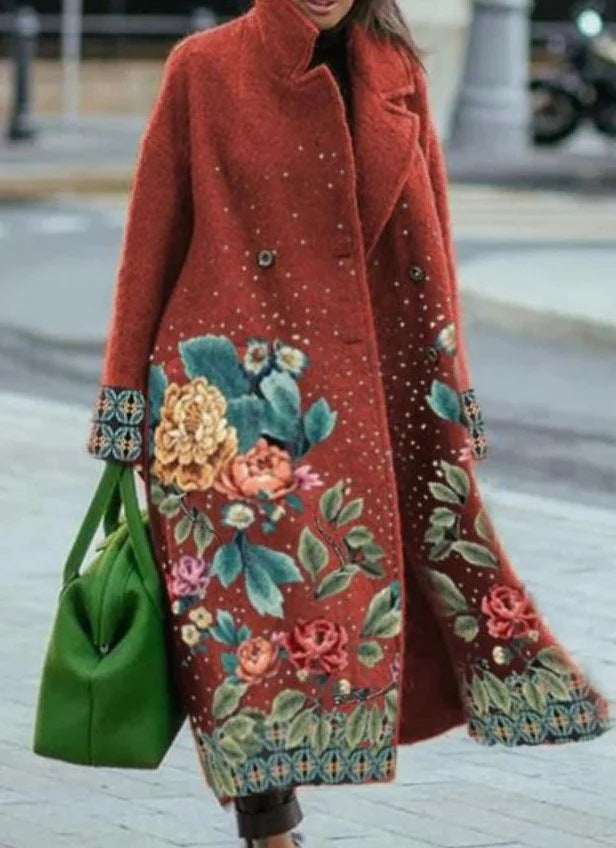 Dame Oversized Uldfrakke med blomsterdesign Stilla