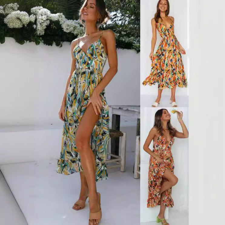 Dame Bohemian Floral Maxi Kjole med justerbare Spaghetti-stropper Stilla