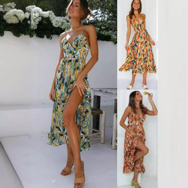 Dame Bohemian Floral Maxi Kjole med justerbare Spaghetti-stropper Stilla