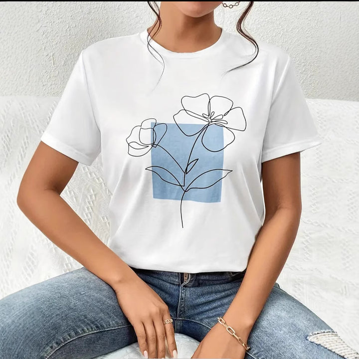 Dame T-shirt med kunstnerisk blomsterdesign og moderne grafikdesign Stilla