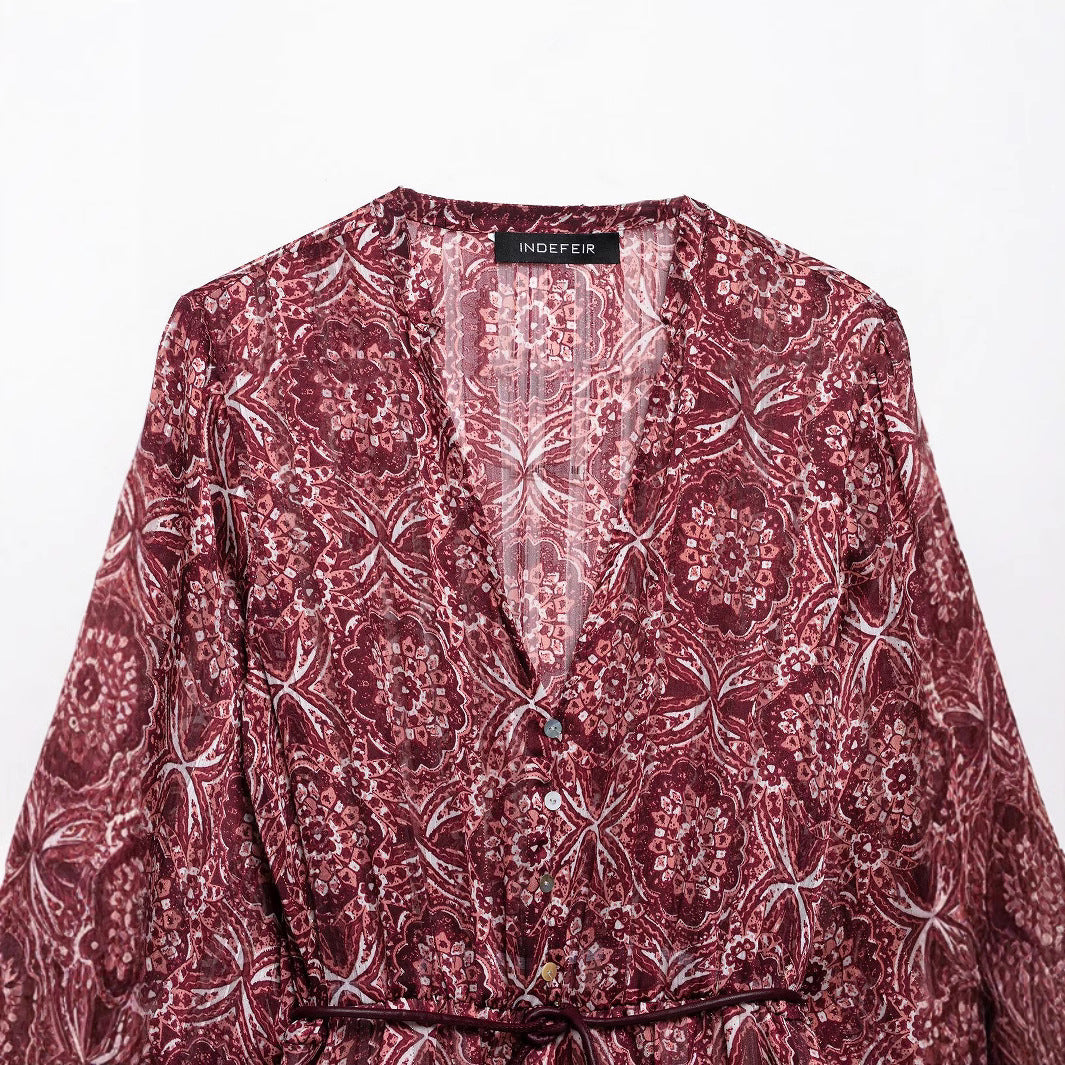 Dame Floral Print V-hals Kjole med Gummibånd Talje Stilla