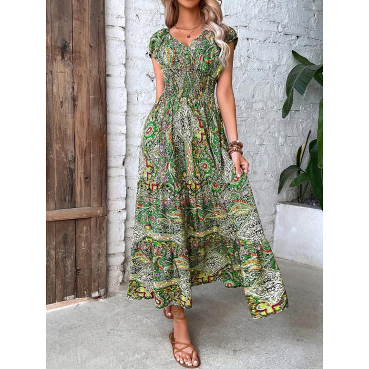 Dame Smocked Bohemian Maxi Kjole med korte ærmer Stilla