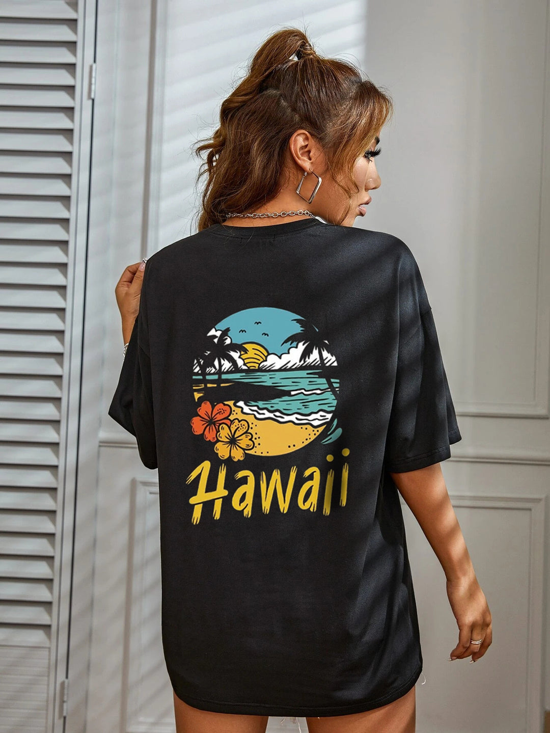 Dame afslappet T-shirt med tropisk Hawaii-motiv Stilla