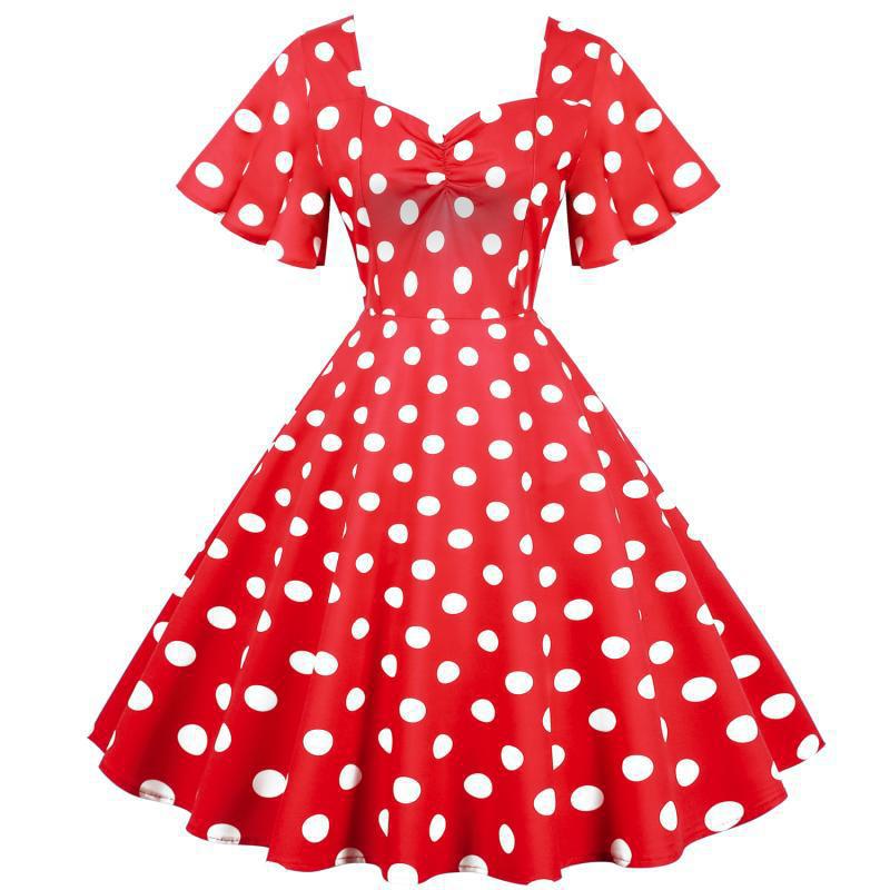Damer Rockabilly kjole med legesyge polka prikker mønster og svajende kant Stilla