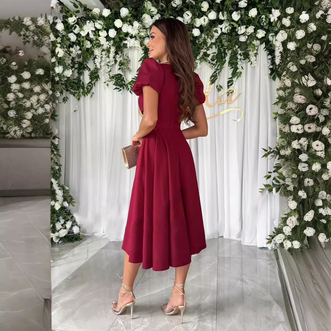 Dame elegant Midikjole med hurtiglook og puffærmer Stilla