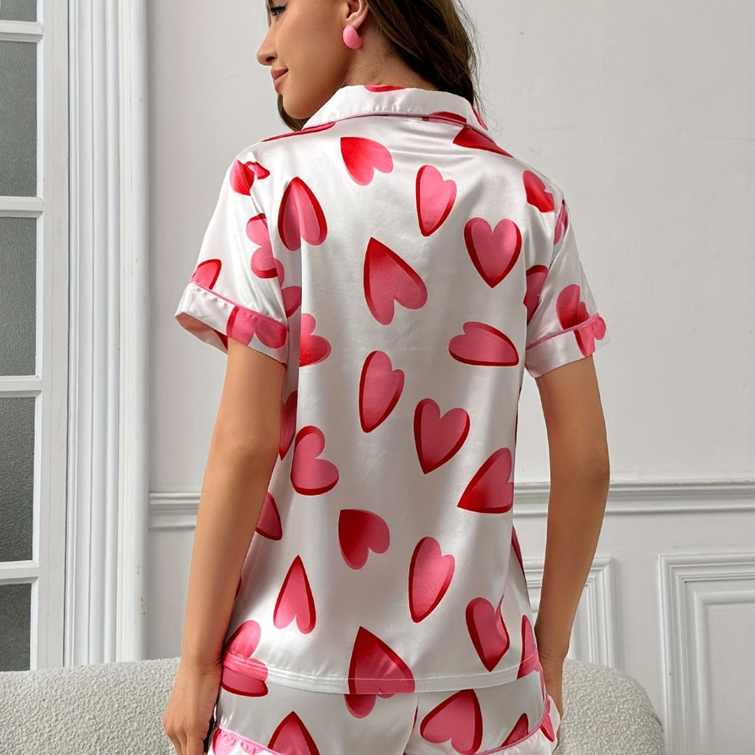 Dame Satin Pyjamasæt med hjerte mønster Stilla