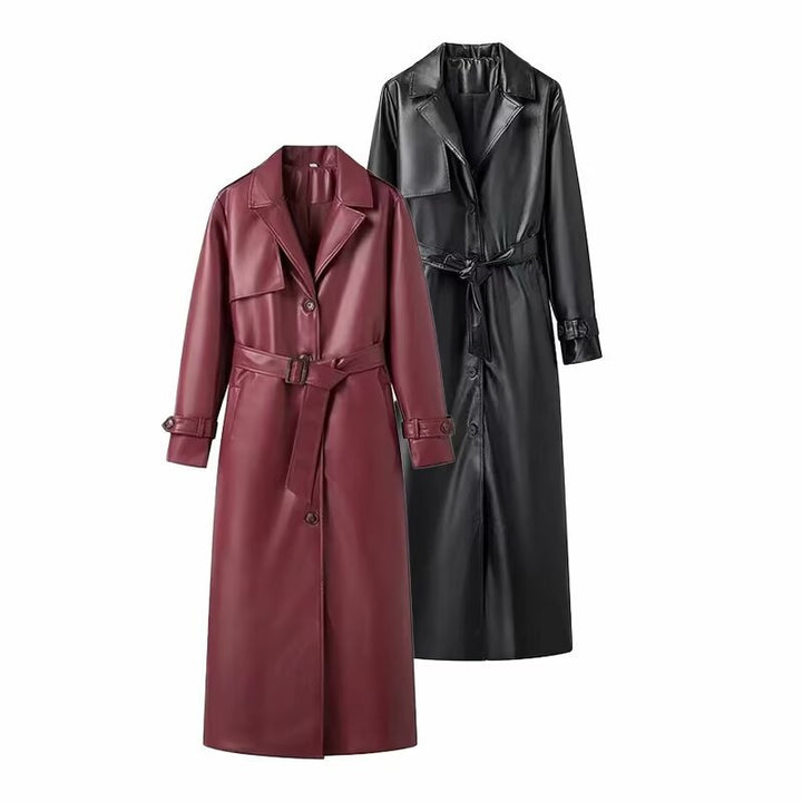 Kvindernes elegante trenchcoat i moderne look med faux læder og talje bælte Stilla