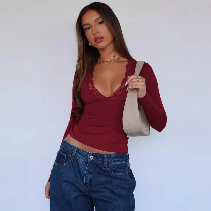 Dame Langærmet skjorte med blondeudskæring og figurvenlig pasform Stilla