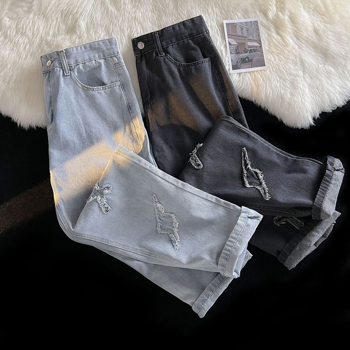 Damer løse højtaljede jeans med kreativt destroyed-design og afslappet snit Stilla