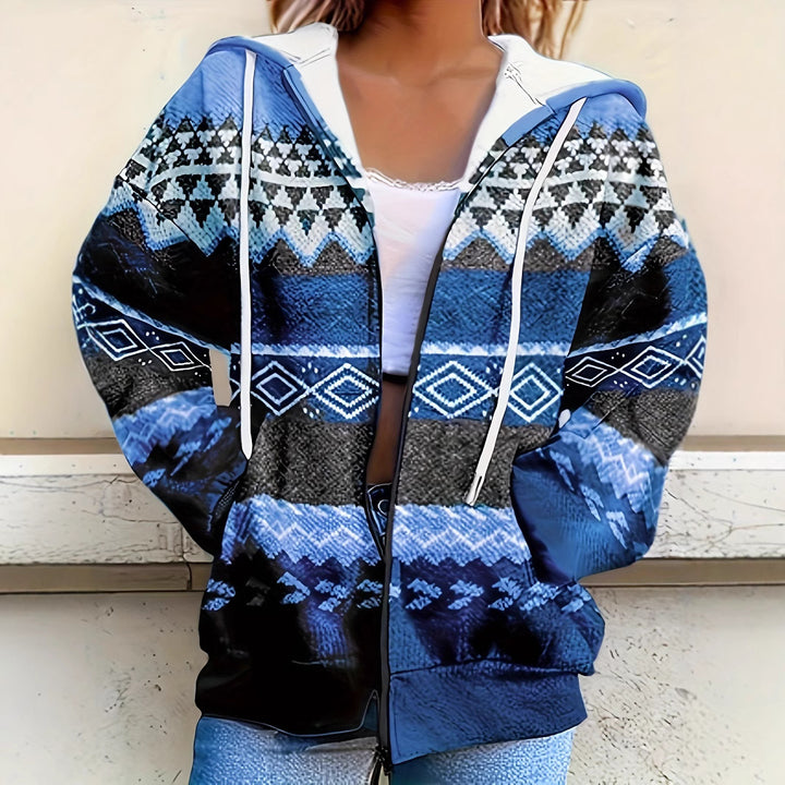 Dame Hyggelig Fleece Zip-Up Hoodie med Geometriske Mønstre Stilla