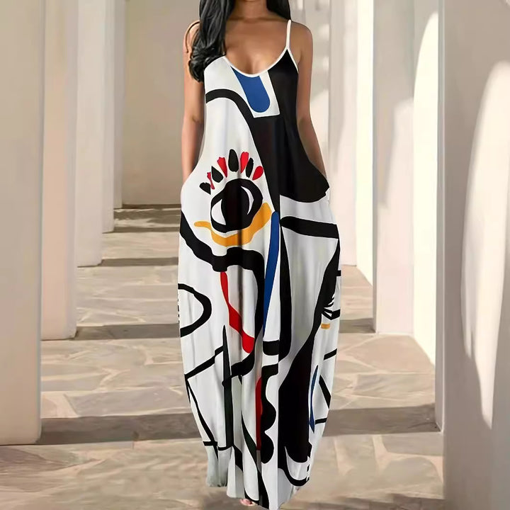 Dame Elegant Maxikjole med moderne abstrakt print og flydende snit Stilla