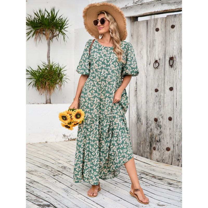 Dame Maxi Floral Sommerkjole med Puffærmer Stilla