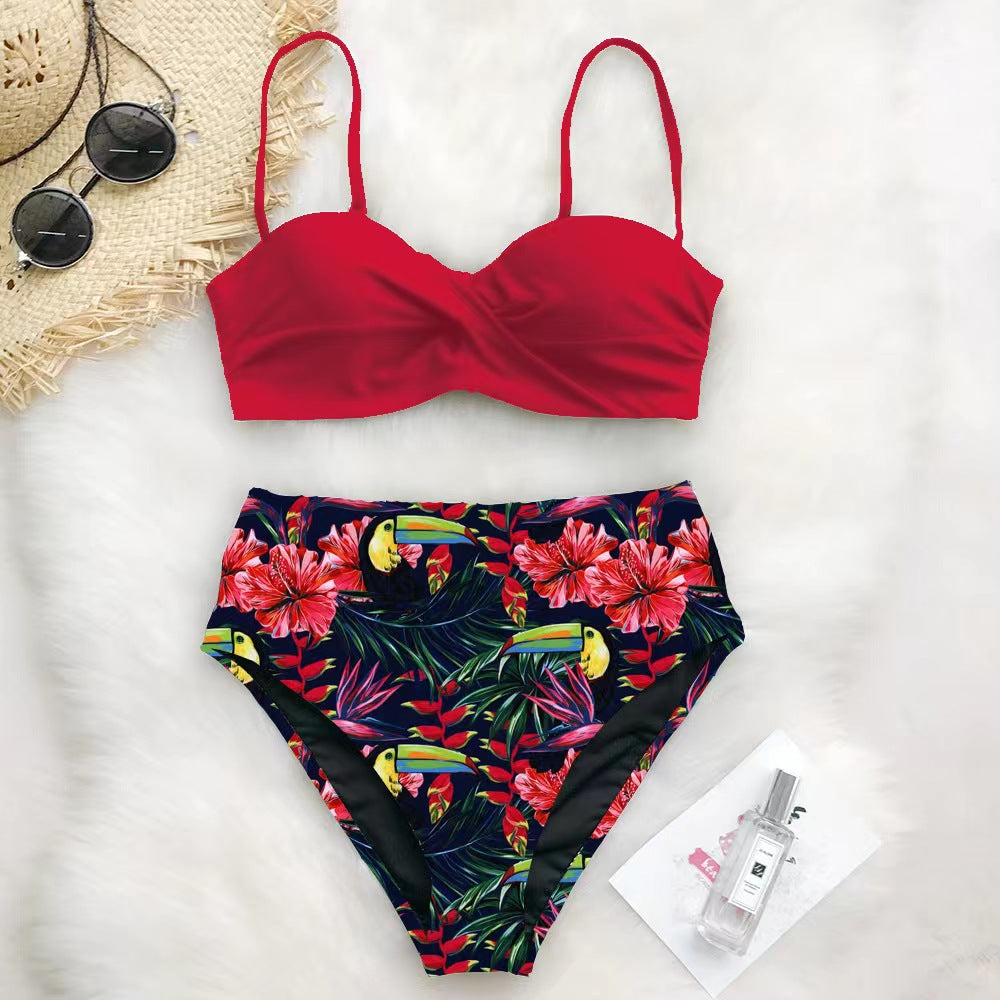 Dame Højtaljet Bikini-Sæt med Rynker og Blomsterdesign Skovae