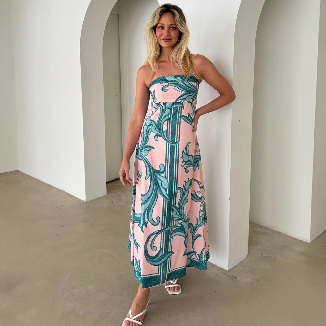 Kvindernes Bandeau Maxi Kjole med Elegant Blomstertryk og Flowsk Skæring