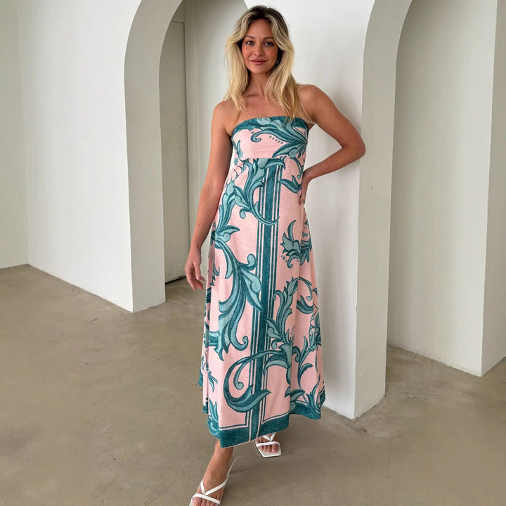 Kvindernes Bandeau Maxi Kjole med Elegant Blomstertryk og Flowsk Skæring