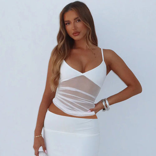 Dame Spaghetti-strop bluse top med transparent drapering Skovae