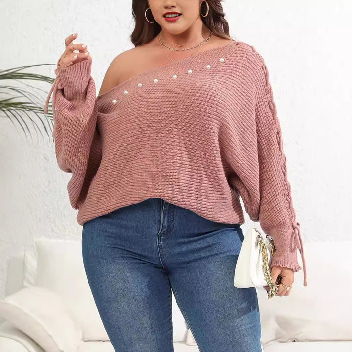 Dame afslappet oversized pullover med dekorativ perledetalje og snor Stilla