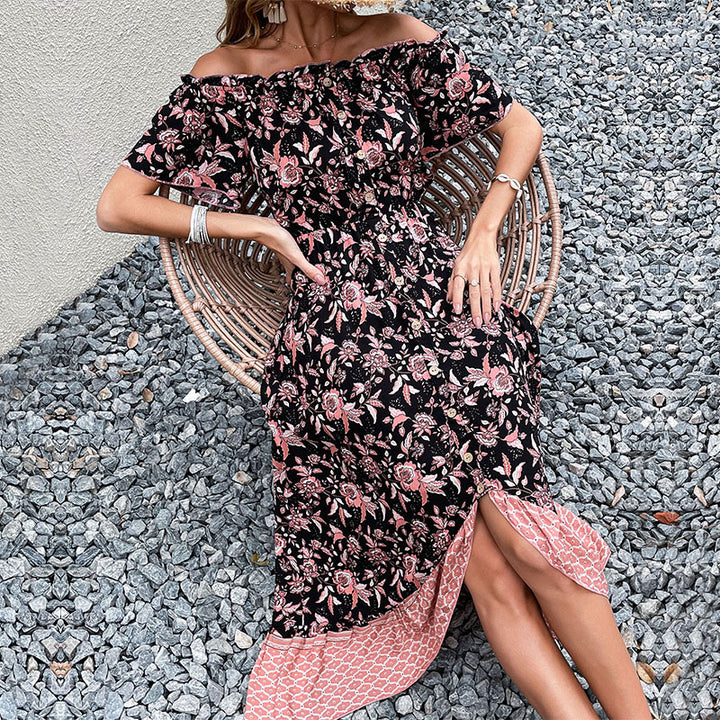 Kvinders Off-Shoulder Maxi Kjole med Blomster Mønster og Høj Split Stilla