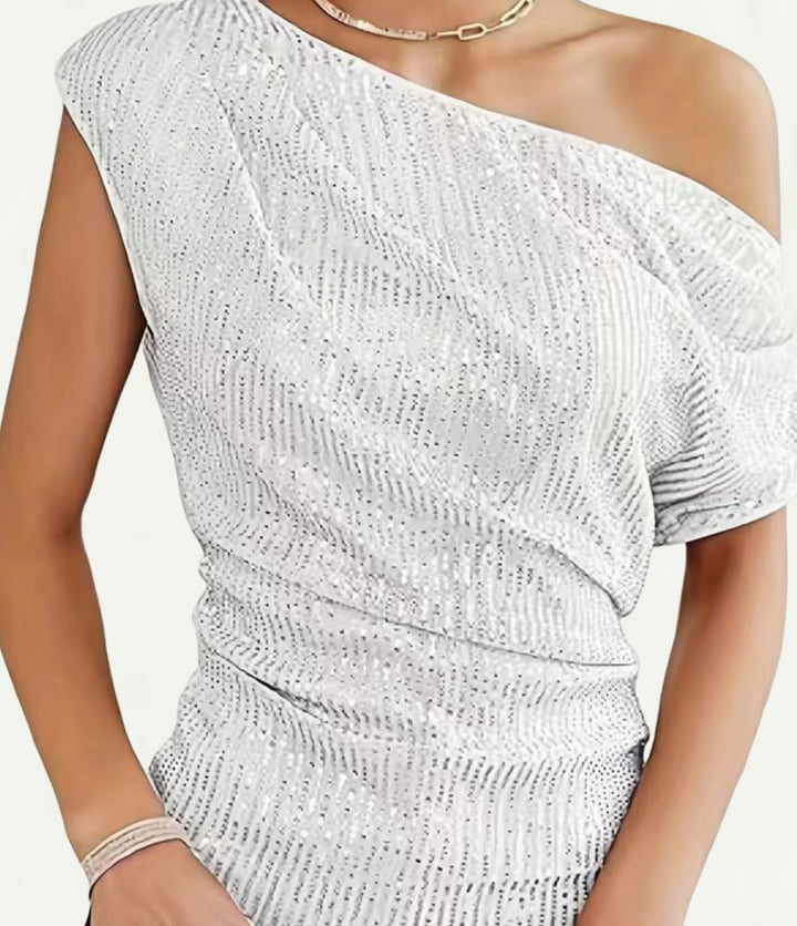 Dame Glamourøs Paliettop med asymmetrisk snit og elegant draperingsdesign Stilla