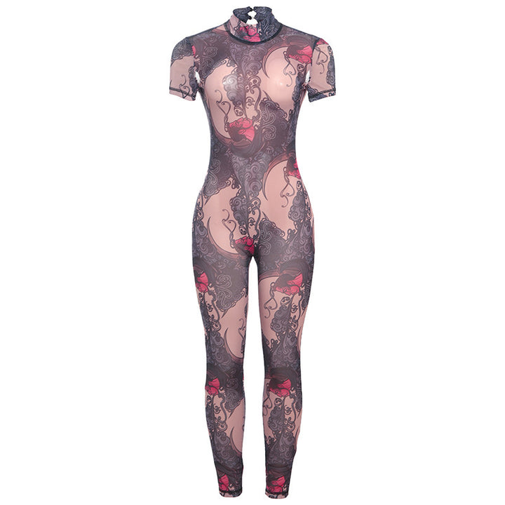 Dame figurformet catsuit med blomstertrykt og høj krave Stilla