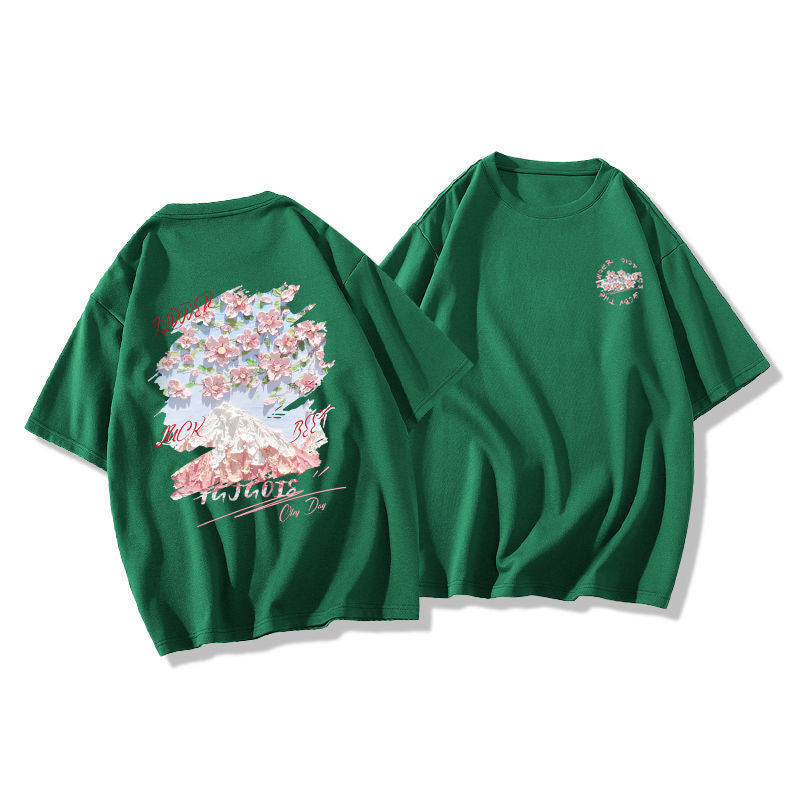 Dame T-shirt med kunstnerisk bjerg- og blomstermotiv Stilla