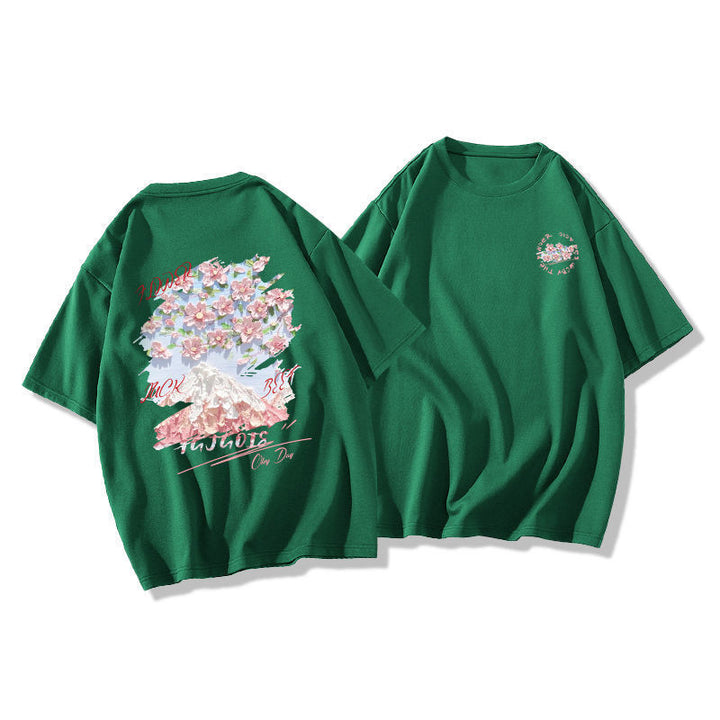 Dame T-shirt med kunstnerisk bjerg- og blomstermotiv Stilla
