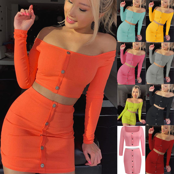 Dame Off-Shoulder Ripp Crop Top og Nederdel Sæt Stilla