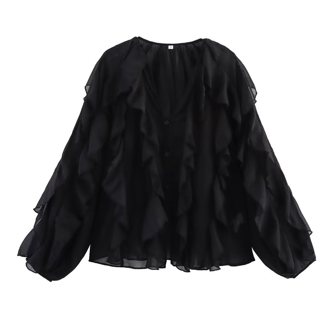 Dame Luftig Rynket Bluse med elegante Knapdetaljer Stilla