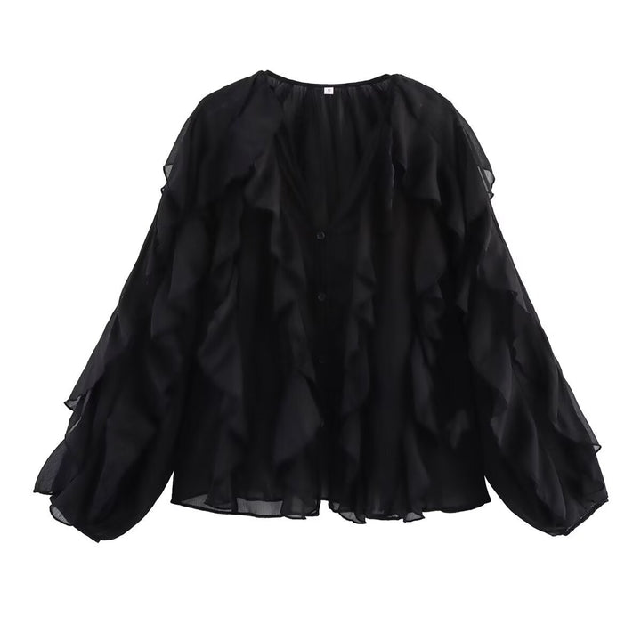 Kvinders elegante flæsebluse med voluminøse ærmer Stilla