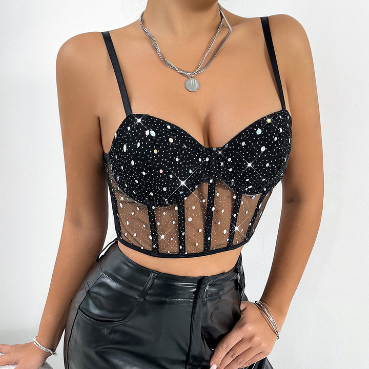 Dame Bustier-top med transparent mesh-indlæg og glimmersten Stilla
