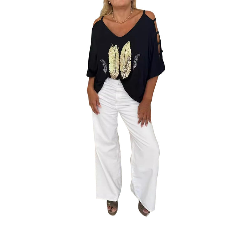 Dame oversized T-Shirt med elegant broderi og åbne skuldre Stilla