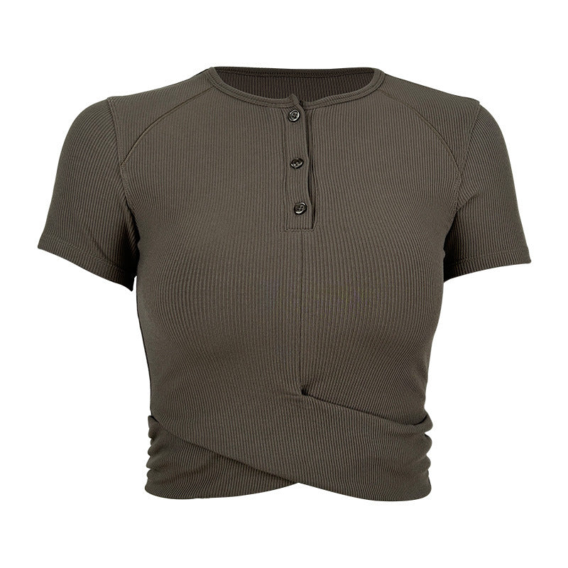 Dame moderigtigt kortærmet Henley-top med elastisk ribdesign Stilla