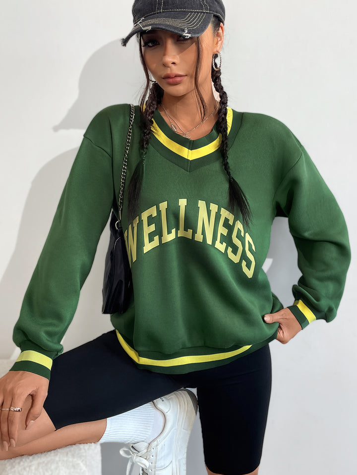 Kvinders sweatshirt med V-hals og kreativ wellness print Stilla