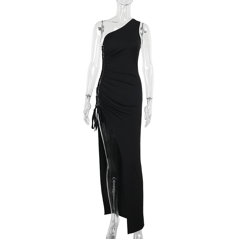 Dame maxikjole med asymmetrisk snit og drapering