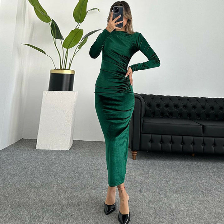 Dame Elegant Langærmet Rynkning Maxi Kjole Stilla