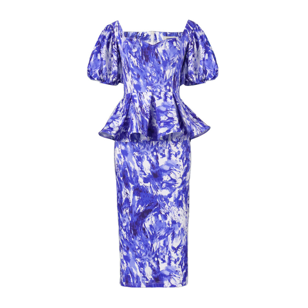 Dame elegant midi kjole med puffærmer og raffineret talje Skovae