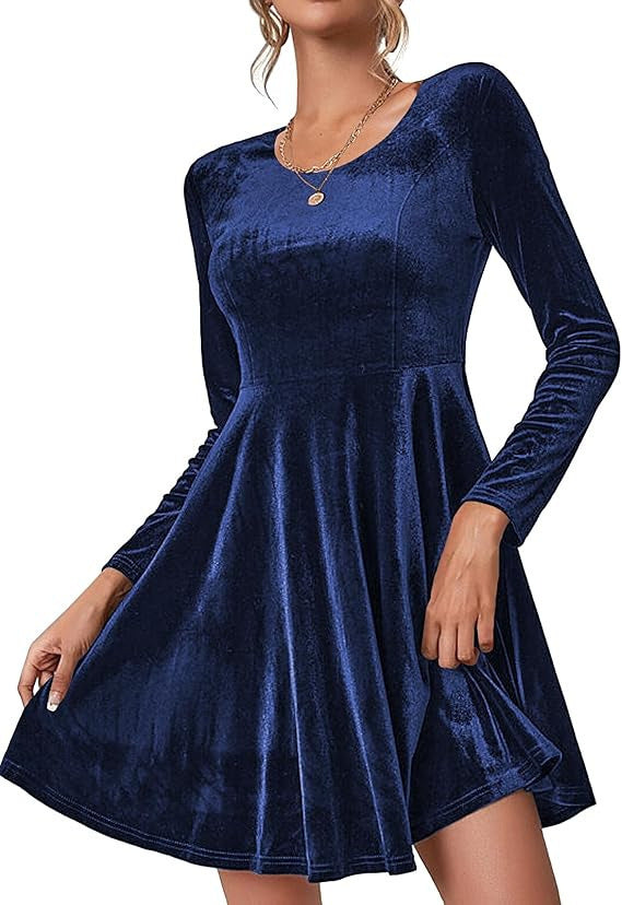 Dame elegant A-linje kjole i velour med lange ærmer og rund halsudskæring Stiila