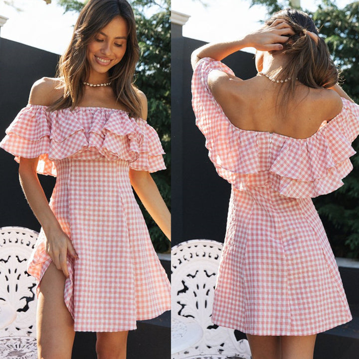 Kvindernes Off-Shoulder Sommerkjole med Flæser og Sødt Tjekket Mønster Stilla