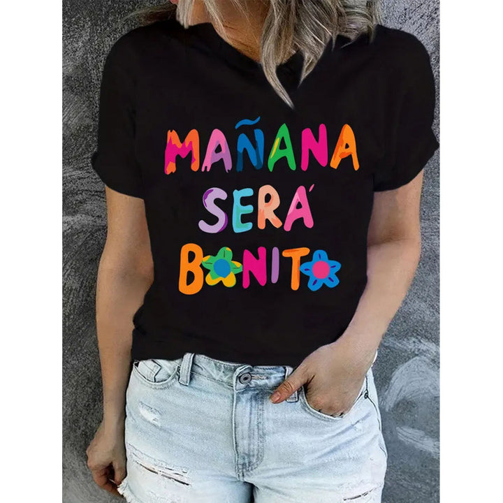 Dame T-shirt med glad tekst og blomsterdesign Stilla