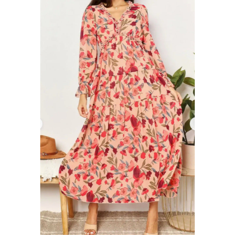 Femme Floral Maxi Kjole med Ruffle ærmer og dyb V-nakke Stilla