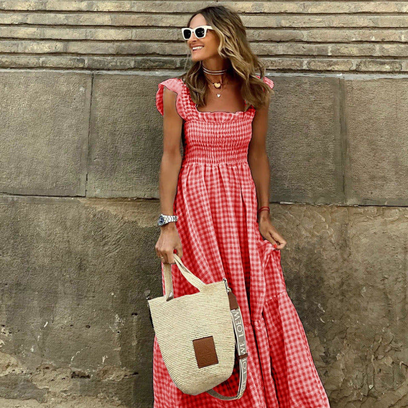 Dame Gingham Smocked Maxikjole med Ruffleærmer Stilla