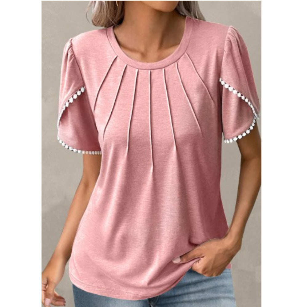 Dame mode T-shirt med flæser og folder Stilla
