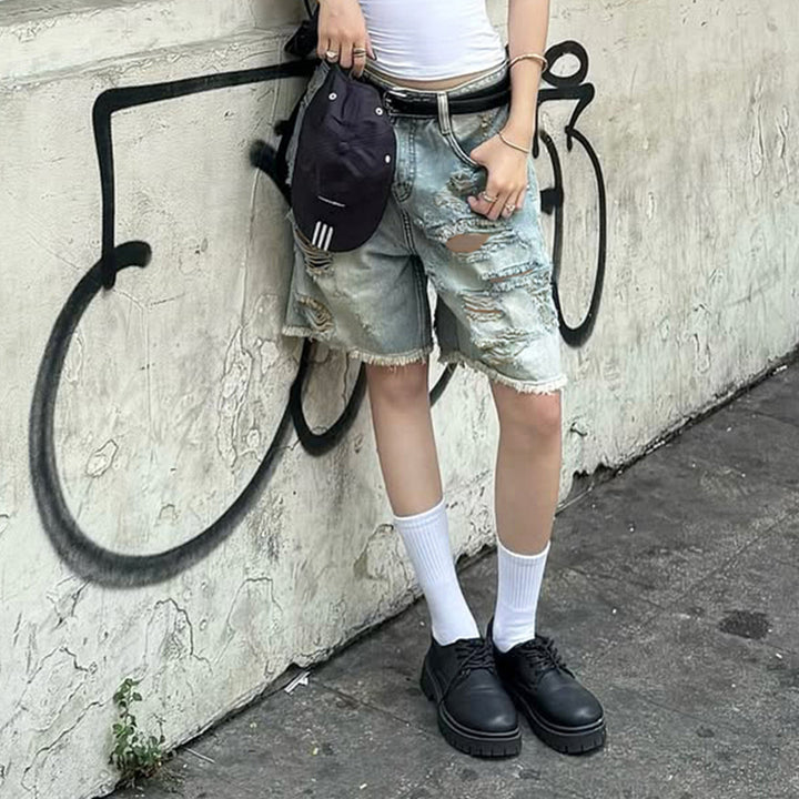 Dame Destroyed Denim-Shorts med høj talje og fransede kanter Skovae