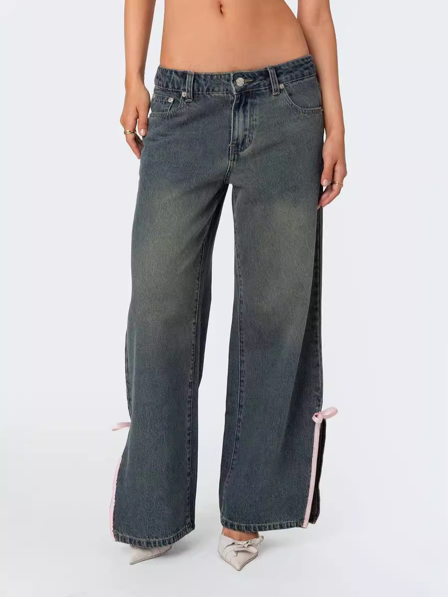 Dame Mode Wide-Leg Jeans med unikt snøre-detalje Stilla