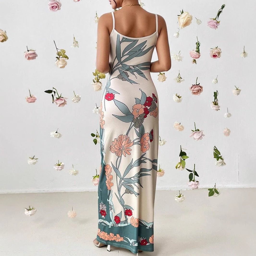 Dame fritids-maxikjole med blomsterprint og smalle stropper Stilla