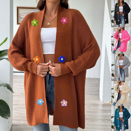 Dame strikketrøje med farverige blomsterapplikationer Stilla