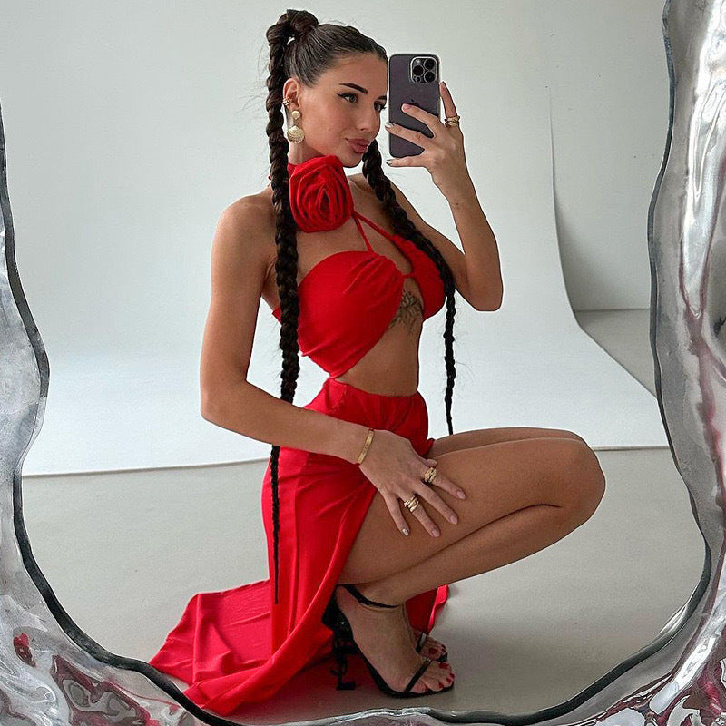 Dame Elegante Crop-Top og Maxiskørt Sæt med raffinerede skåret detaljer og blomsterdesign Stilla