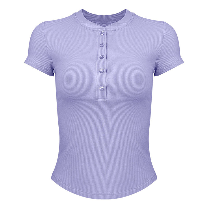 Dame moderne kortærmet Henley-shirt med knaplukning og fin ribstruktur Stilla