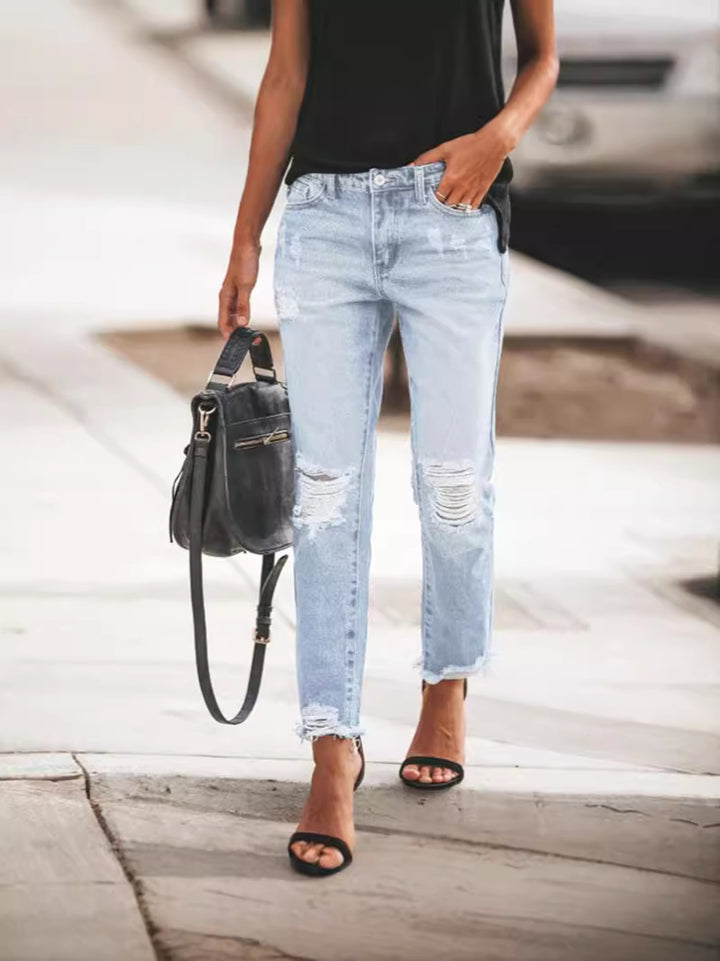Dame Ripped Denim-Jeans med afslappet snit og frynset kant Stilla