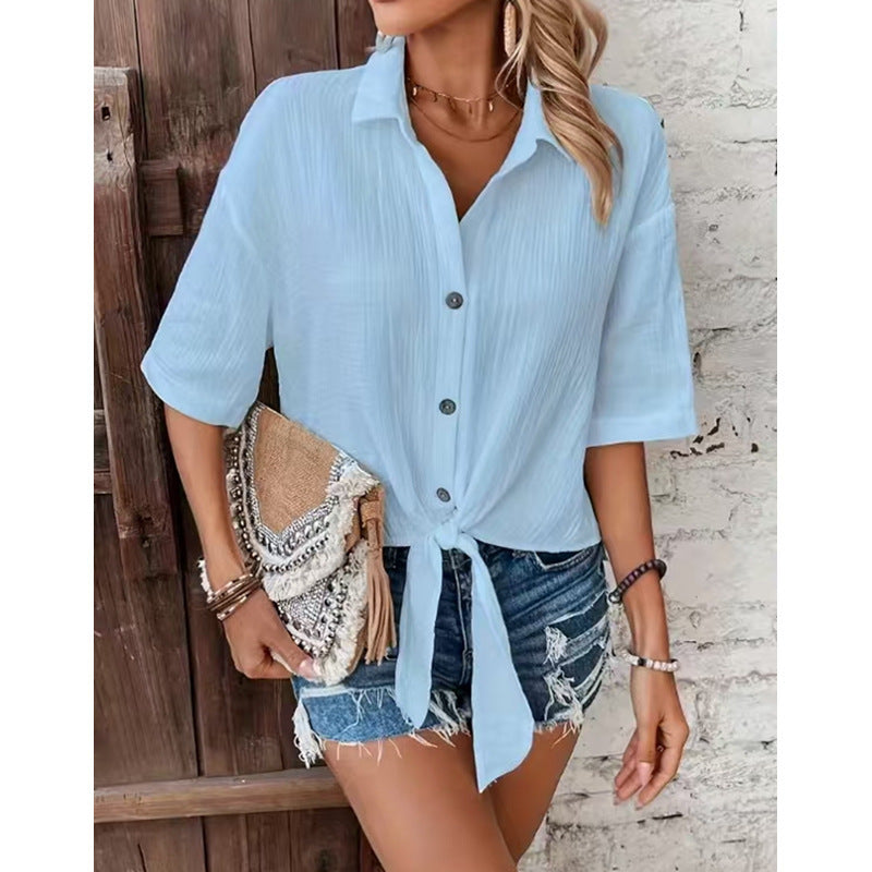 Dame casual knapbluse med knude foran Stilla